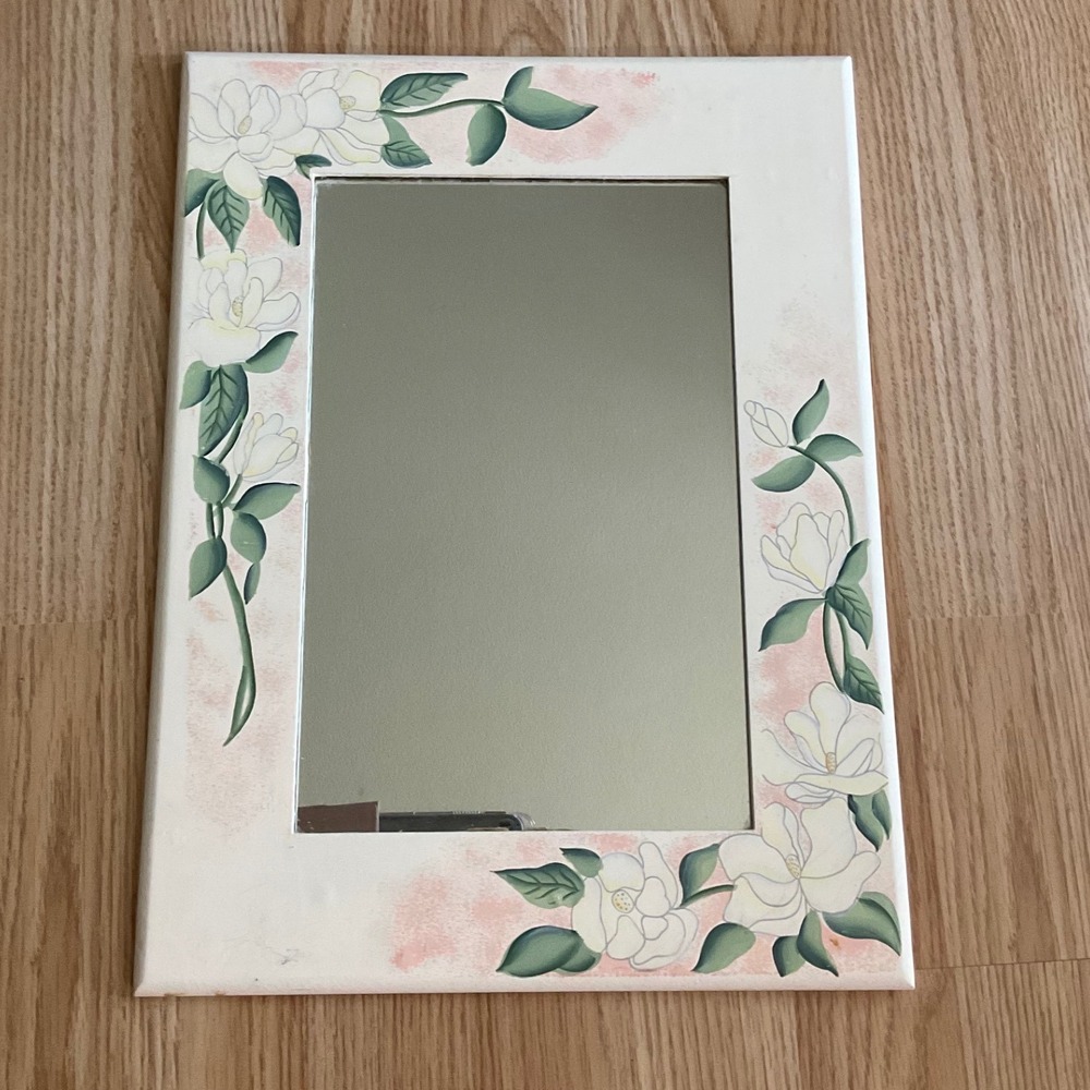 Vintage Hand Painted Magnolia Floral Wood Wall Mirror White Pink Cottagecore